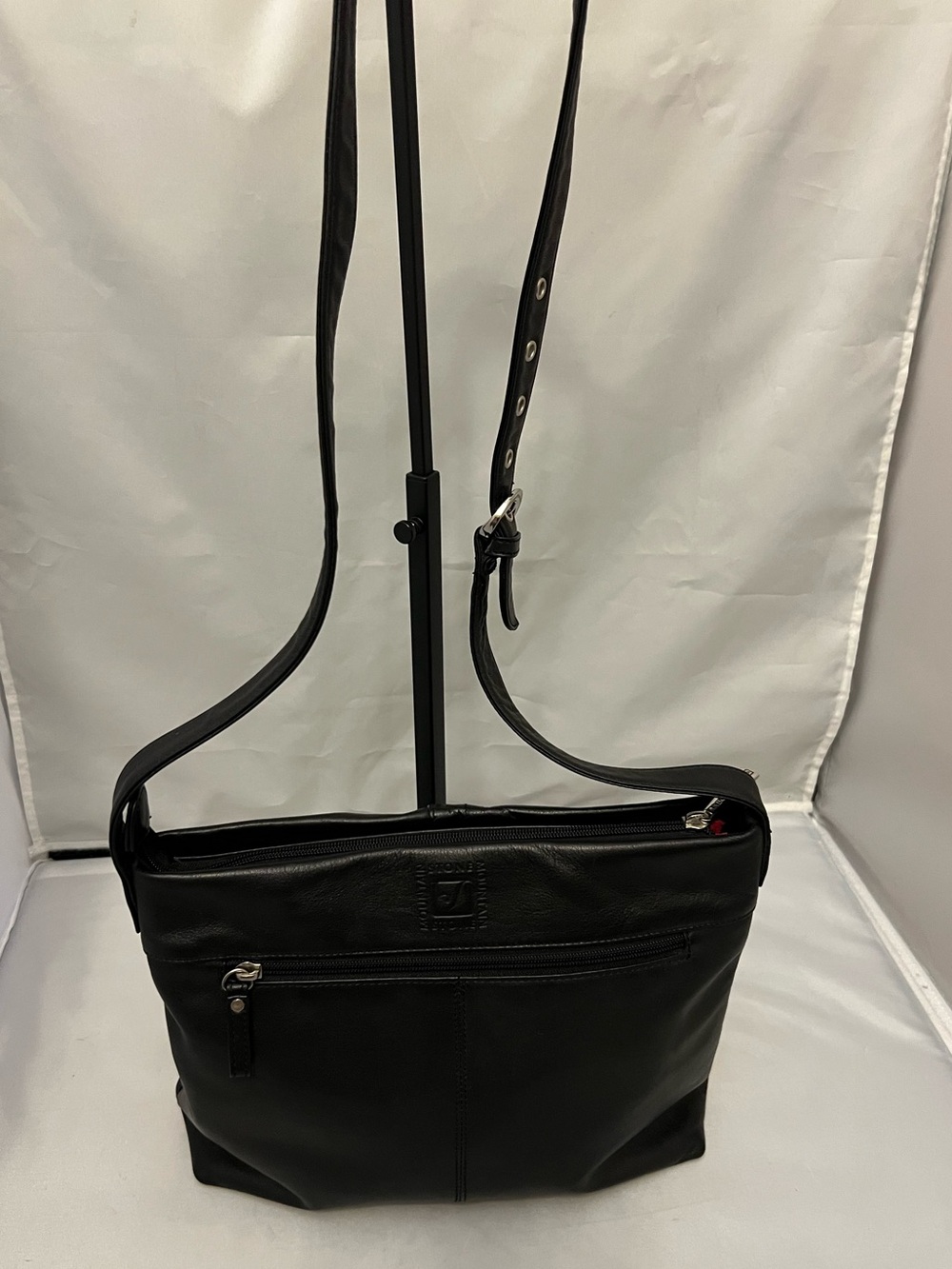 Stone Mountain Accessories Black Leather Shoulder Bag with Embossed Logo